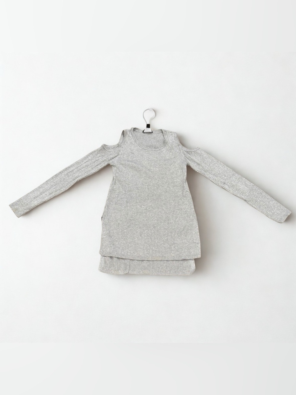 Lumiere Shimmering Silver Open Shoulder High Low Sweater with Slits, Size Small